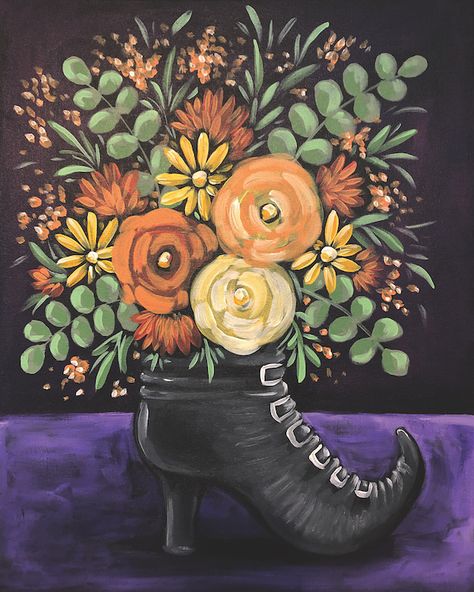 Boot Bouquet, Witch Painting, Fall Canvas Painting, Acrylic Painting Ideas, Wine And Canvas, Easy Acrylic Painting, Fall Canvas, Simple Wall Art, Halloween Artwork