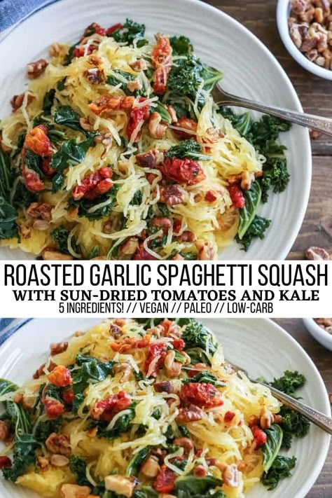 Roasted Garlic and Kale Spaghetti Squash with Sun-Dried Tomatoes - The Roasted Root Spaghetti Squash Garlic Noodles, Whole30 Pasta Recipes, Fresh Jalapeno Recipes Healthy, Whole 30 Italian Recipes, Healthy Gallbladder Recipes, Spaghetti Squash Vegan Recipes, No Carb Vegetarian Recipes, No Carb Recipes For Dinner, Healthy Dinner Recipes For Diabetics