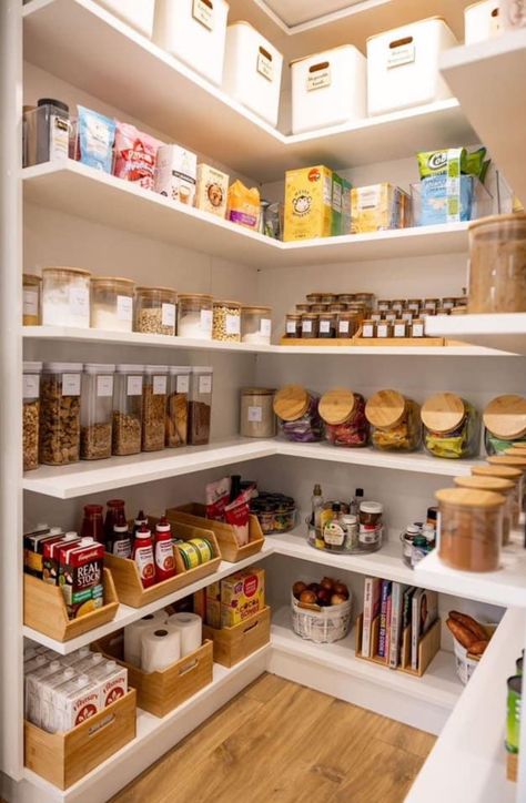 Organised Food Cupboard, Open Pantry Storage, Wide Laundry Room Ideas, Laundry Ideas Organization, Open Pantry Organization Ideas, How To Organise Kitchen, Cupboard Shelving Ideas, Fruit Organization Kitchens, Organised Kitchen Cupboards