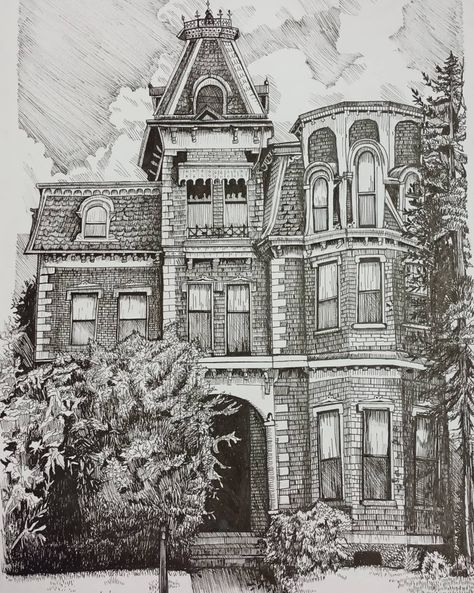 Pen art 🖊️ Old Building Drawing, Building Drawing Ideas, Old Cathedral, Abandoned Mansion, Building Drawing, Old Mansions, Diy Watercolor Painting, Victorian Houses, Unique Buildings