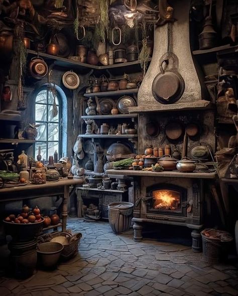 Elven Inspired Kitchen, Hobbit House Kitchen, Fantasy Kitchen Concept Art, Fantasy Home Interior, Voodoo Fashion, Witch Cottage Interior, Witchy Interior, Hobbit Kitchen, Hobbit House Interior