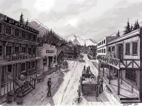 Western Town Art, Western Town Drawing, Wild West Town Art, Old Western Towns Drawing, Old Western Drawings, Wild West Town, Wild West Drawing, Far West, Town Drawing