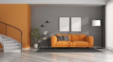 Gray and orange modern living room with ... | Premium Photo #Freepik #photo #modern-sofa #sofa #modern-furniture #furniture Grey And Orange Living Room, Orange Living Room, Posters Diy, Halloween Posters, Concrete Staircase, Wall Art Halloween, Living Room Orange, Diy Halloween Decor, Interior Minimalista