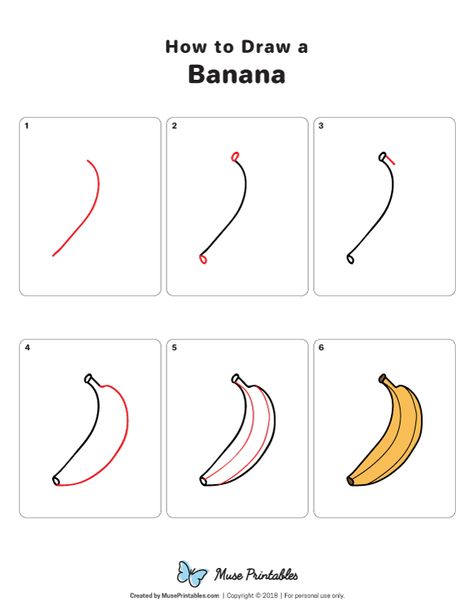 Learn how to draw a banana step by step. Download a printable version of this tutorial at https://museprintables.com/download/how-to-draw/how-to-draw-a-banana/ How To Draw Fruit, Banana Picture, Banana Drawing, Basic Drawing For Kids, Drawing Games For Kids, Kindergarten Drawing, Lilies Drawing, Markers Drawing Ideas, Cute Banana