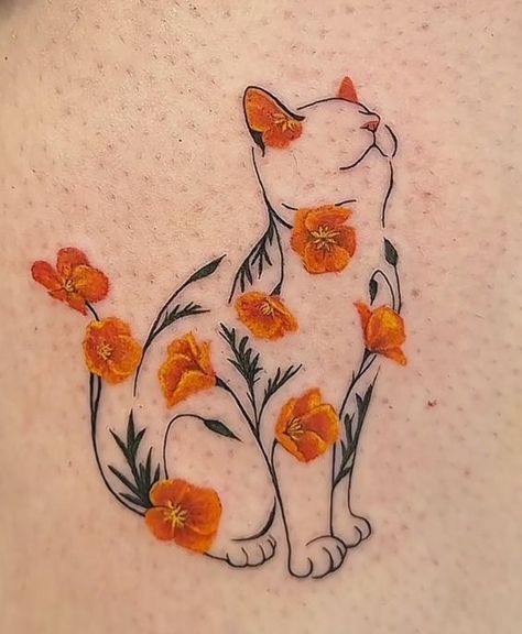 Orange Kitty Tattoo, Cat Fur Tattoo, Tattoos That Go With Flowers, Cat Nature Tattoo, Cat Tattoo 3 Cats, Calico Cat Tattoos, Cat Tattoos With Flowers, Kitty Cat Tattoos, Catnip Tattoo