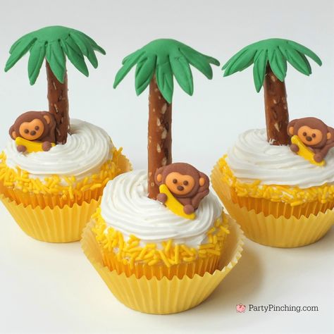 monkey cupcakes, safari jungle party ideas, cute adorable cupcakes for kids, fun food, sweet treats for birthday, monkey banana cupcake with pretzel palm tree Jungle Party Cupcakes, Safari Pull Apart Cupcakes, Jungle Theme Pull Apart Cupcakes, Cupcakes Safari, Monkey Cupcake Cake Pull Apart, Monkey Cupcakes Ideas, Fun Party Crafts, Cupcakes For Kids, Adorable Cupcakes