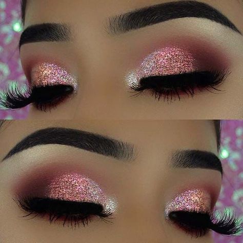 Cute Pink Eyeshadow Looks, Pink Glitter Eye Makeup, Makeup Cantik, Make Up Designs, Nye Makeup, Eyeliner Hacks, New Years Eve Makeup, Pink Eye Makeup, Glitter Eye Makeup