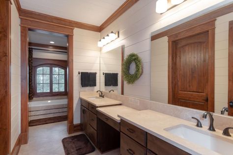 Gray Beadboard Walls, Bathroom With Wood Trim, Shiplap Bathroom Wall, Stained Wood Trim, Natural Wood Trim, Wood Baseboard, Beadboard Bathroom, Stained Trim, Shiplap Wood