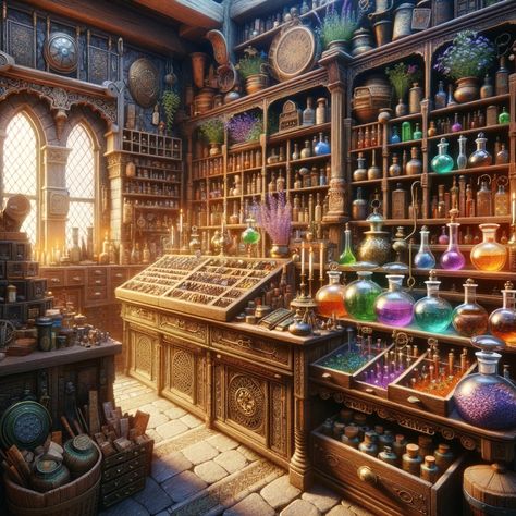 Herbs Magic, Apothecary Store, Apothecary Design, Apothecary Decor, Ancient Magic, Magic Store, Art Fantaisiste, Fantasy Lovers, Fantasy Places