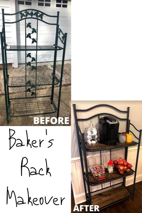 See how I turned an ugly bakers rack into a breakfast/ coffee bar!  I upcycled this outdated rack with grapes and leaves into a stylish farmhouse style Bakers Rack Decorating Kitchen, Repurposed Bakers Rack, Diy Bakers Rack, Bakers Rack Makeover, Bakers Rack Makeover Farmhouse, Bakers Rack Ideas Repurposed, Bakers Rack Coffee Bar Ideas, Bakers Rack Ideas, Bakers Rack Wine Bar Ideas