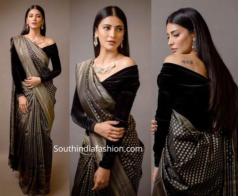 Off Shoulder Saree Blouse, Velvet Blouse Design, Black Blouse Designs, Lichi Silk Saree, Shruti Haasan, Sarees For Girls, Indian Saree Blouses Designs, Saree For Women, Indian Fashion Saree