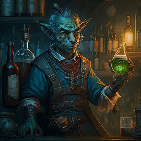 Goblin Shopkeeper, Hobgoblin Alchemist, Alchemist Character Art, Fantasy Shopkeeper, Kobold Alchemist, Artificer Art, Goblin Character Art, Goblin Merchant, Goblin Alchemist