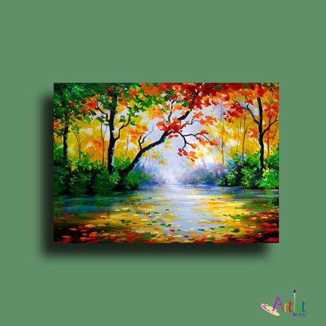 Nature Paintings Oil Color, Wall Painting With Acrylic Paint, Painting Related To Nature, Natural Scenery Canvas Painting, Drawing Room Paintings, Acrylic Canvas Painting For Living Room, Art Landscapes Painting, Poster Color Painting Artworks, Sceneries Painting