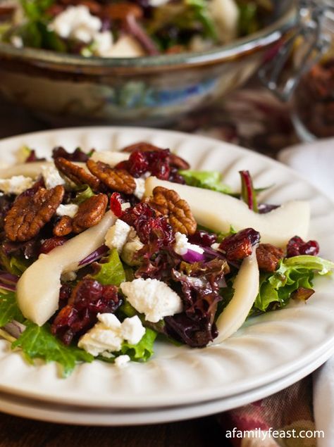 Mixed Greens Salad with Pears, Goat Cheese and Spiced Pecans - A Family Feast Maple Balsamic, Salad Mixed Greens, Salad Recipes Video, Spiced Pecans, Balsamic Dressing, Pecan Recipes, Goat Cheese Salad, Family Feast, Yummy Salad Recipes