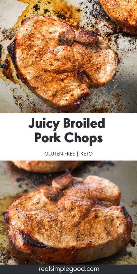 An easy way to cook pork chops quickly in the oven, these broiled pork chops are juicy with the perfect sear on the outside. A simple seasoning blend adds delicious flavor and they're ready in about 20 minutes! The perfect weeknight dinner that goes with any side. This healthy recipe is gluten-free, keto, paleo and whole30 friendly. | Real Simple Good via @realsimplegood Pork Chop Marinade For Grill, Marinade For Pork Chops, Broiled Pork Chops, Cook Pork Chops, Pork Chop Brine, Simple Spinach Salad, Pork Chop Marinade, Marinated Pork Chops, Pork Marinade