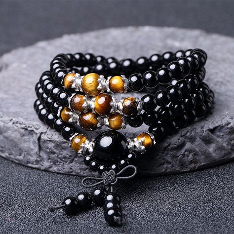 Cute Vintage Unisex Multilayer Bracelet Natural Black Stone Tiger Eye Beads Charm Bracelet Ethnic Jewelry - NewChic Gemstones Bracelets, Bracelets Men, Obsidian Bracelet, Buddha Meditation, Wood Bracelet, Rosary Bracelet, Natural Stones Necklace, Yoga Bracelet, 108 Bead