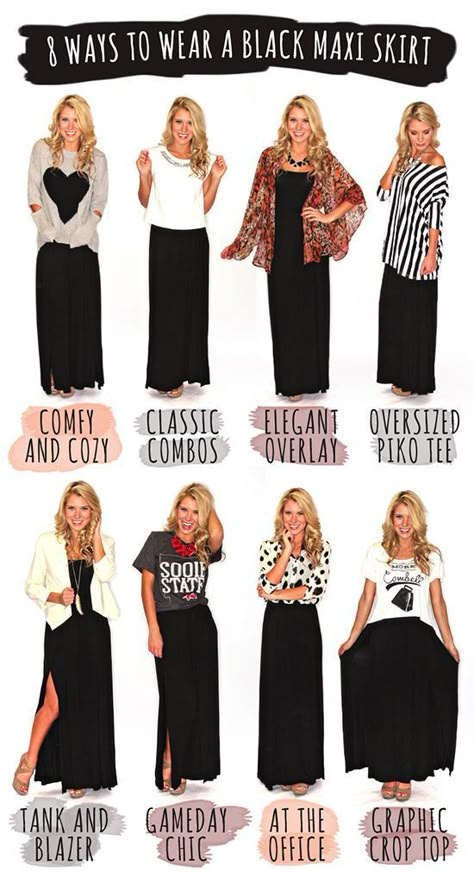 7 Ways to Wear A Black Maci Skirt! Skirt Combinations, Outfit Preppy, Mode Tips, Rocker Girl, Preppy Pink, Maxi Rok, Black Maxi Skirt, Sweater Outfit, Elle Magazine