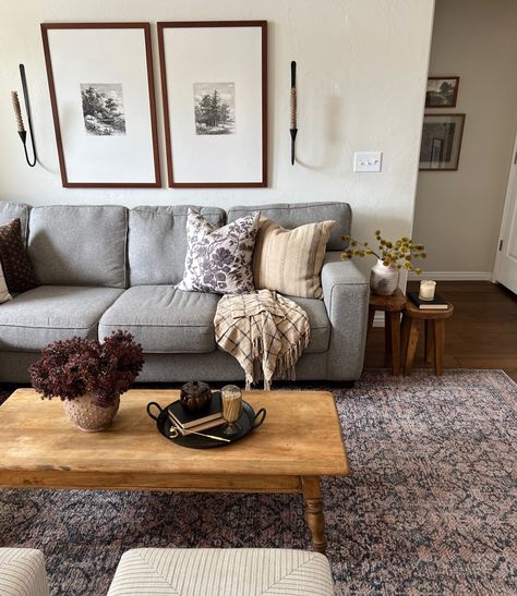 Billie Rug Living Room, Large Gray Couch Living Room, Dark Grey Couch Colorful Living Room, Family Room Design Grey Couch, Grey Couch Cottage Core, Magnolia Style Living Room, Grey Couch Carpet Ideas, Gray Blue Couch Living Room, Cozy Living Rooms Gray Couch