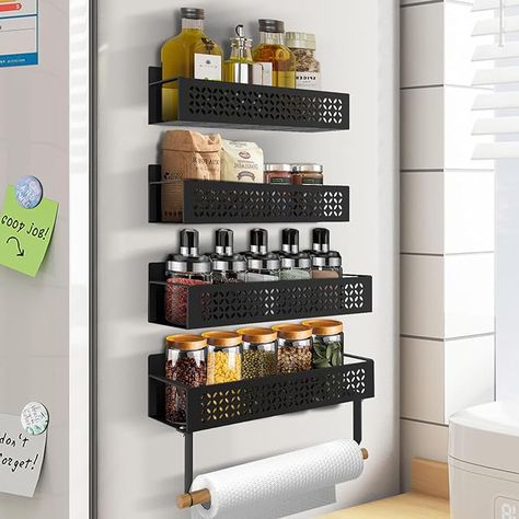 【STRONG MAGNETIC】 The magnetic spice rack for refrigerator made by high quality materials, owning the super strong magnetism and has the ability to withstanding up to 11 lbs of weight,the magnetic shelves can be attached to the side of the fridge securely without drilling or assembly.Stable and non-slip even after long periods of use. 【MULTIUSE STORAGE SHELF】This Magnetic Paper Towel Holder comes with 1 Removable wood rod and 2 movable hooks, making it perfect for hanging paper towel rolls, dishcloths, plastic wraps, trash bags, scissors, bottle-openers, oven mitts, and other lightweight items. 【ONE HAND INSTALLATION】Each seasoning rack can hold up to 8 regular-size 4 oz spice jars. 4 Pcs magnetic shelves can meet the organization of all the seasonings at home. No tool to install, just sti Magnetic Shelves, Hand Installation, Diy Kitchen Hacks, Magnetic Spice Rack, Kitchen Utensil Storage, Large Shelf, Kitchen Favorites, Spice Holder, Kitchen Storage Hacks