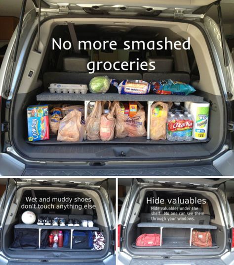 Go all-out and build a pop-up shelf for your SUV to keep your groceries safe. Trunk Shelf, Trunk Organization, Car Hacks, Car Trunk, Diy Car, Car Gadgets, Car Storage, Cars Organization, Diy Hacks