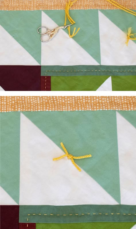 This quilt tying tutorial from suzyquilts.com shows how to tie a quilt with yarn or embroidery thread. Quilt ties is an easy and fast way to finish a quilt. #quilting #quiltties Quilt Knots Tie, How To Tie Off A Quilt, Tying A Quilt With Yarn, Different Ways To Finish A Quilt, Yarn Tied Quilt, Tied Quilts Ideas, Tying A Quilt Ways To, How To Tie A Quilt Tutorials, Hand Tie Quilt