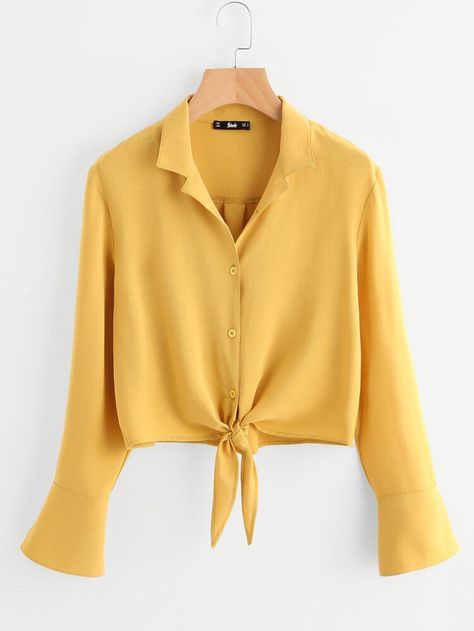 Pleated Shirt Outfit, Front Knot Shirt, Women Tops Online, Yellow Long Sleeve Shirt, Knot Shirt, Brown Long Sleeve Shirt, Slay Queen, Black Shirts Women, Women Blouse