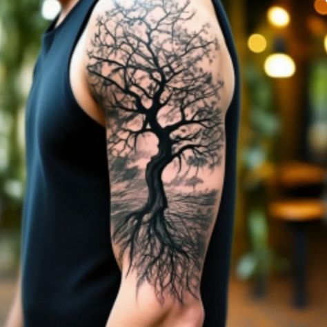 Feminine Shoulder Tattoos, Tree Tattoo Arm, Geometric Tattoo Pattern, Tree Tattoo Men, Pretty Flower Tattoos, Quarter Sleeve Tattoos, Family Tree Tattoo, Black Rose Tattoos, Men Tattoos Arm Sleeve