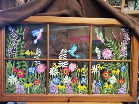 Hand Painted Windows, Window Pane Art, Painted Window Art, Painting On Glass Windows, Stained Glass Windows Church, Window Mural, Summer Window, Window Crafts, Hummingbird Painting