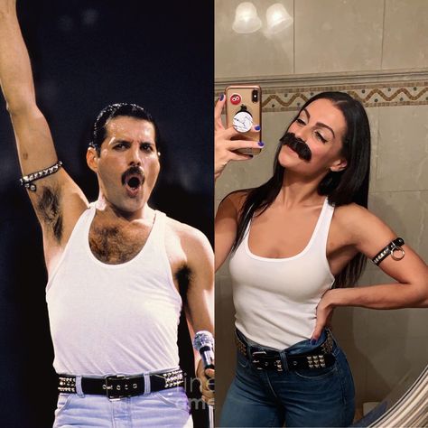 Unisex Halloween Costumes, Freddy Mercury Costume Women, Freddie Mercury Costume Woman, Campy Halloween Costume, Pop Culture Halloween Costumes 2022, Costume Ideas Brunettes, British Icons Fancy Dress, Halloween Brunette Costume, Freddie Mercury Halloween