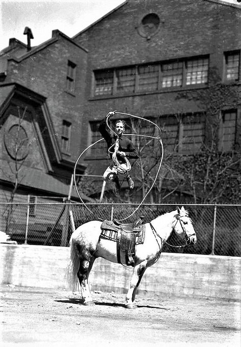 The Cowgirl Way | Possibly Junior Eskew, doing Trick roping | RALPH DOUBLEDAY, NA, ca. 1945 | Trick Roping, Real Cowgirl, Horse Trainer, Heritage Museum, Horse Jumping, Cowboy Western, Western Cowboy, Life Is Good, Cowboy