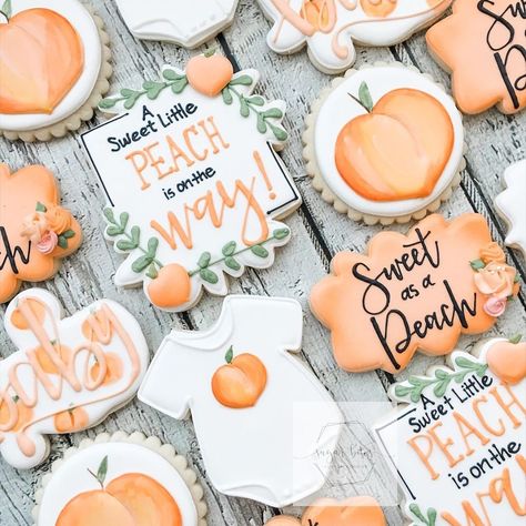 Peach Themed Cookies, Peach Baby Shower Cookies, Flood Cookies, Jordan Baby Shower, Baby Shower Fruit, Peach Cookies, Flooding Cookies, Peach Baby Shower, Shower Cookies