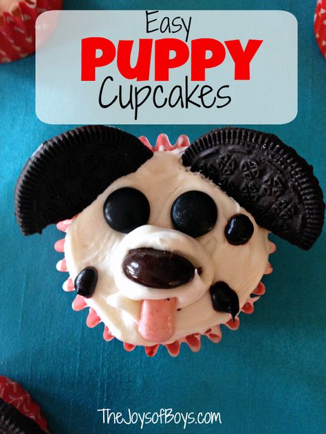 These easy puppy cupcakes are adorable and easy to make.  Your kids will love helping to create their own puppy cupcakes. #cupcakes #cupcakeideas #puppycupcakes #funfoodideasforkids #desserts #pupcakes #thejoysofboys Easy Puppy Cupcakes, Cupcakes For Kids, Puppy Cupcakes, Dog Cupcakes, Easy Cupcake Recipes, Puppy Birthday Parties, Kid Cupcakes, Puppy Cake, Cupcake Wars