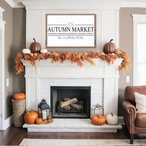 Fall Decor Ideas for the Home Fall Mantle Decor Red Brick Fireplace, Fall Inspired Living Room Cozy, Fall Decor For Top Of Cabinets, Fall Halloween Home Decor, Fall Ledge Decor, Small Home Halloween Decor, Chimney Fall Decor Ideas, Bay Window Fall Decor, Fall Decor For Home