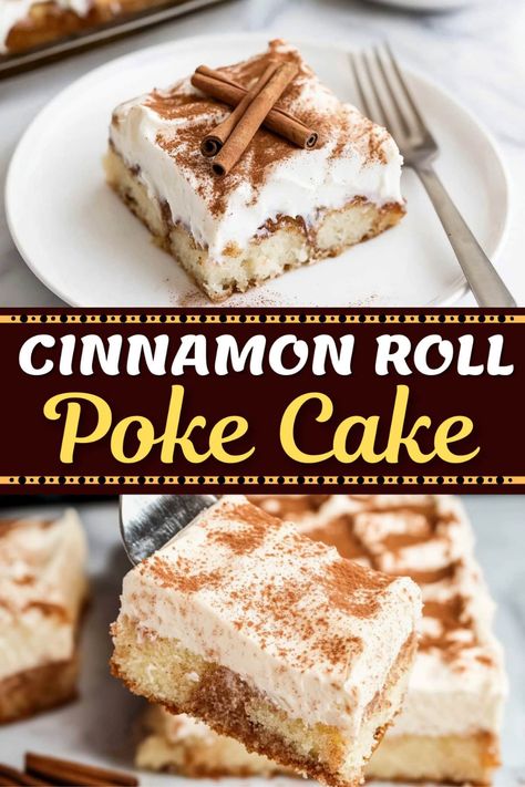 This cinnamon roll poke cake has all the cozy flavors of a cinnamon roll, layered with sweet cinnamon filling and topped with rich cream cheese frosting. Cinnamon Roll Poke Cake, Poke Cake Recipe, Medicine Tips, Cinnamon Cake, Poke Cake Recipes, Cinnamon Roll Cake, Poke Cakes, Honey Buns, Delicious Cream