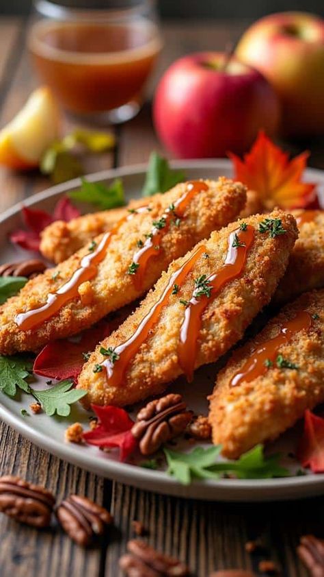 Maple Pecan Chicken Tenders With Apple Cider Glaze Pecan Crusted Chicken Tenders, Apple Cider Glaze, Pecan Crusted Chicken, Crusted Chicken Tenders, Pecan Crust, Pecan Chicken, Hearty Casseroles, Maple Pecan, Easy Homemade Recipes