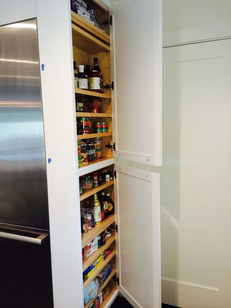 Side Of Fridge Cabinet Ideas, Cabinets On Side Of Fridge, Shelves Side Of Fridge, Shelves On Side Of Fridge, Storage On The Side Of Fridge, Slim Cabinet Next To Fridge, Side Of Fridge Spice Storage, Side Fridge Storage, Sliding Spice Rack Cabinet Next To Fridge