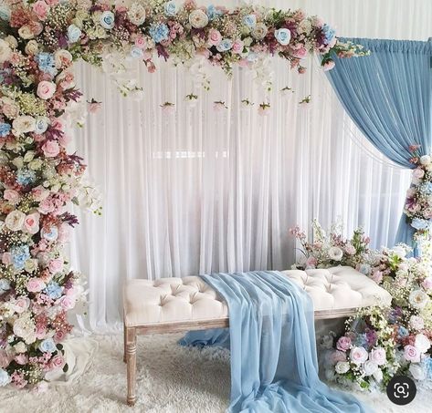 Blue Wedding Backdrop Ideas, Rice Weaning Ceremony Decoration, Blue Wedding Backdrop, Wedding Backdrop Ideas, Nikah Decor, Coin Photo, Wedding Backdrops, Wedding Stage Design, Wedding Backdrop Design