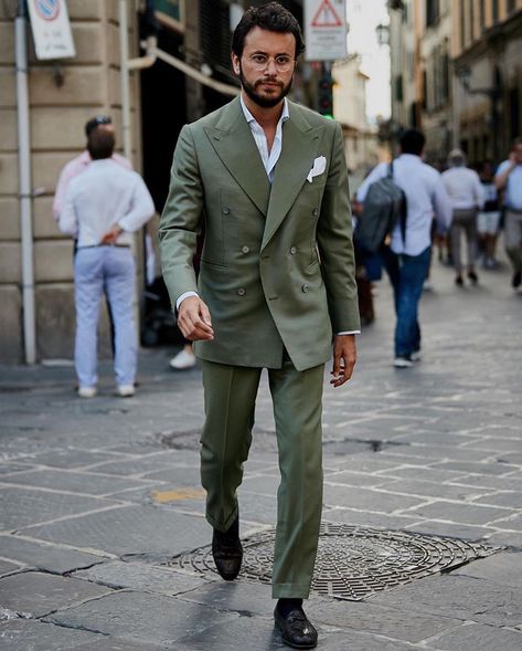 BOTTEGA DALMUT® on Instagram: “Throw back to #Florence with our dear friend @fabioattanasio rocking our Army Green Double Breasted suit during #pittiuomo . Ph:…” Army Green Suit Men, Green Double Breasted Suit Men, Olive Suit Men, Green Double Breasted Suit, Green Linen Suit, Tan Suits, Green Suit Men, Double Breasted Suit Men, Olive Green Suit