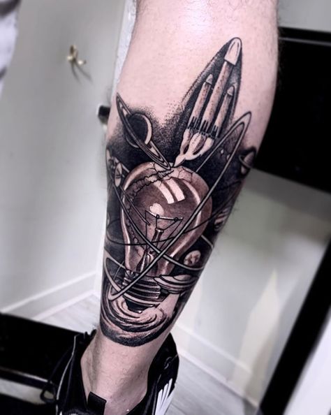 Black and grey lightbulb outer space calf tattoo Outer Calf Tattoo, Outer Space Tattoo, Outer Space Tattoos, Space Tattoo, Calf Tattoo, Outer Space, Black And Grey, Tattoos, Grey