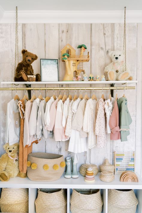 Nursery, Baby girl room inspiration, Boho nursery. Nursery storage. Baby girl wardrobe. Nursery Open Wardrobe Ideas, Nursery Open Wardrobe, Open Wardrobe Nursery, Room Inspiration Boho, Baby Girl Wardrobe, Girl Room Inspiration, Hanging Wardrobe, Nursery Baby Girl, Open Wardrobe