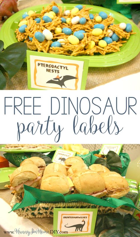 Visit hunnyimhomediy.com to check out my dinosaur birthday party and get access to free printable dinosaur party food labels. Dino Birthday Party Food Dinosaur Snacks, Dinosaur Party Food Labels, Free Printable Food Labels, Printable Food Labels, Dinosaur Birthday Party Food, Dinosaur Party Food, Dinosaur Food, Dinosaur Birthday Theme, Park Party