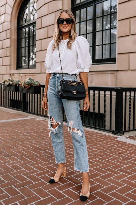 90s Ripped Jeans, Sleeve Shirt Outfit, White Tops Outfit, Boyfriend Jeans Outfit, Chanel Slingback, White Jeans Outfit, Jeans Outfit Summer, Puff Sleeve Shirt, Fashion Jackson