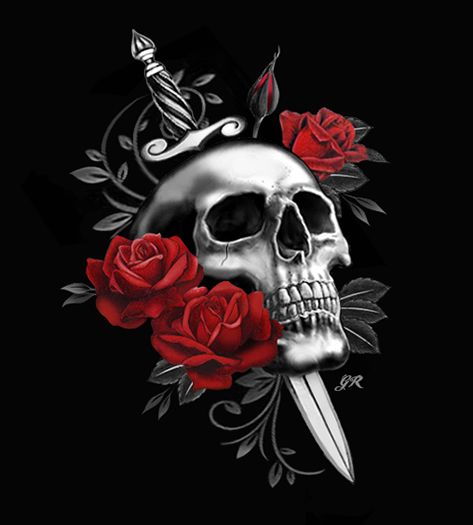 Skulls With Roses, Skull And Rose Drawing, Skull Artwork Illustrations, Colorful Skull Art, Black Skulls Wallpaper, Skull Rose Tattoos, Black Skull Tattoo, Sugar Skull Artwork, Skull Art Drawing