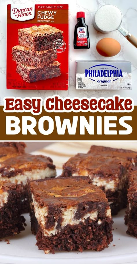 👩‍🍳🍫🙌 So easy and yet insanely delicious! This is how you take a box of brownie mix and turn it into an impressive homemade dessert. Simply mix together a block of softened cream cheese with an egg and ⅓ cup sugar to make an easy cheesecake batter, and then dollop the mixture over the brownie batter in a 9x13 baking dish. Use a knife or fork to swirl it around into a marbled effect. Bake at 350° F for 35-40 minutes and you've got the yummiest, gooiest, cheesecake brownies! My family loves this easy dessert idea. Cream Cheese Box Brownies, Box Brownies With Cream Cheese Swirl, Chocolate Brownie Dessert Ideas, Marbled Brownies Cream Cheese, What Can You Make With Box Brownies, Brownie Mix With Cream Cheese, Brownie And Cream Cheese Recipes, Easy Sunday Desserts, Easy Cheesecake Brownie Recipe