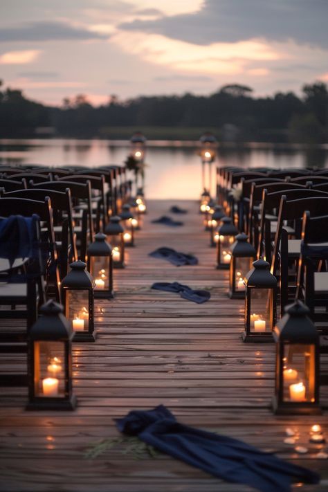 Dive into the romance of a lakeside wedding as dusk sets in 🌅. Envision serene waters, a pier adorned with glowing lanterns, and the allure of a symmetrical sea of chairs with chic navy sashes. Your dreamy nuptials await amidst nature's grandeur. ✨ #WeddingInspiration #LakesideWedding #TwilightWedding #OutdoorWedding #ElegantDecor #NavyBlueWedding #WeddingChairs #WeddingPlanning Lake Themed Wedding, Water Lantern, Twilight Wedding, Lantern Wedding, Wedding Lanterns, Lakeside Wedding, Navy Blue Wedding, Lake Wedding, Wedding Chairs