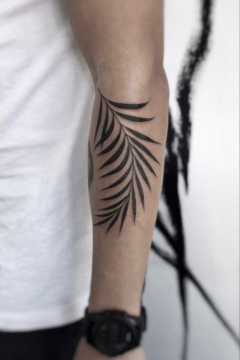 Leaves Tattoos Men, Mens Fern Tattoo, Palm Leaf Wrap Around Tattoo, Palm Leaf Tattoo Design, Leaf Filler Tattoo, Palm Frond Tattoos, Bamboo Leaves Tattoo, Leaves Tattoo Men, Botanical Tattoo Men