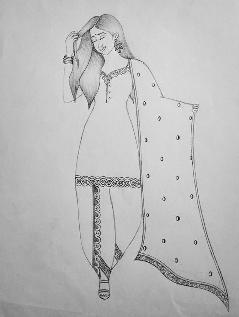 Fashion Croquis Straight Pose, Kurti Drawing Sketches, Salwar Kameez Illustration, Salwar Drawing, Indian Dress Drawing, Panjabi Look, Panjabi Design, Suit Drawing, Pencil Sketch Portrait