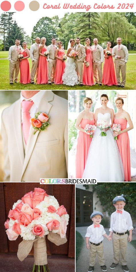 Salmon Wedding Colors, Khaki Groom, Coral Wedding Colors Scheme, Khaki Wedding, Watermelon Wedding, Bridesmaid Dresses White, Coral Wedding Colors, Yellow Wedding Colors, Gray Wedding Colors