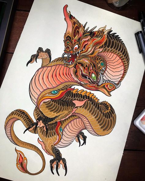 Thai Naga Tattoo, Naga Tattoo, Thai Naga, Tattoo Thai, Neo Traditional Art, Tattoo Japan, Khmer Tattoo, Khmer Art, Thailand Tattoo