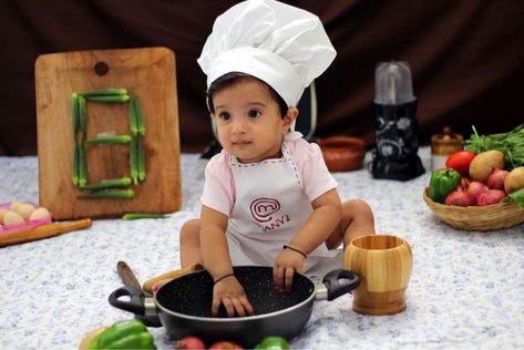 8 Months Baby Photoshoot Ideas, Baby Chef Photoshoot, Baby Chef Photo, 8 Month Baby Photoshoot, Chef Photoshoot, Monthly Baby Photos Boy, 8th Month, 8 Month Baby, Baby Chef